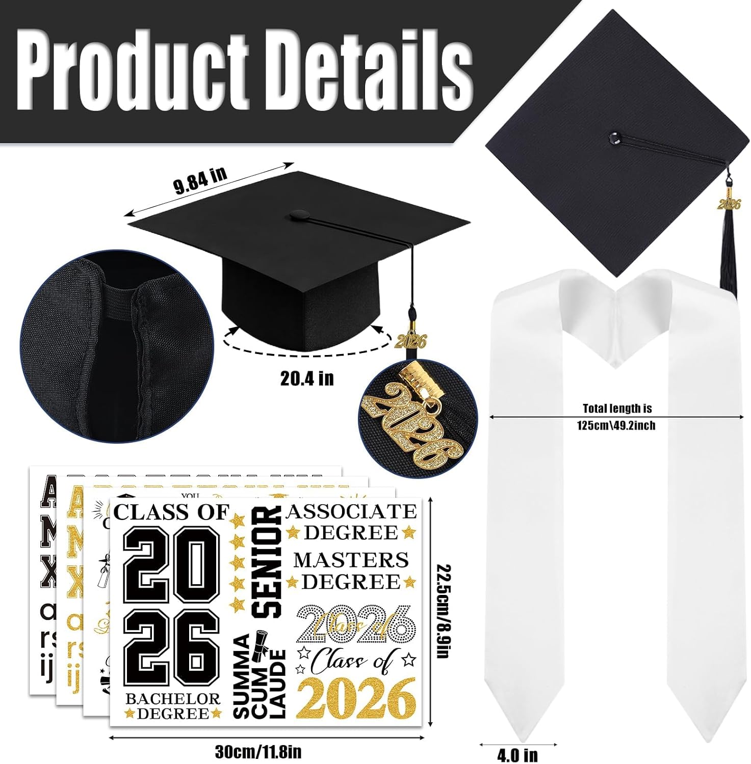 7PCS Matte Graduation Cap and Gown 2026 Tassel Unisex Adults Set with Graduation Patch for High School College Bachelor