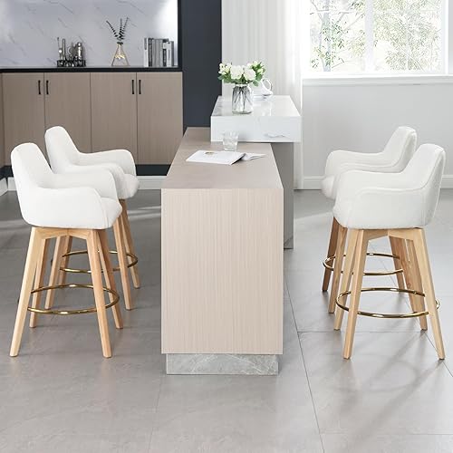 ONEVOG Boucle 26" Counter Height Bar Stools Set of 4, Swivel Modern Kitchen Island Tall Chairs with Back, Arm, Footrest and Wooden Legs, Sherpa Fabric Upholstered Barstools for Pub/Dining Room, White