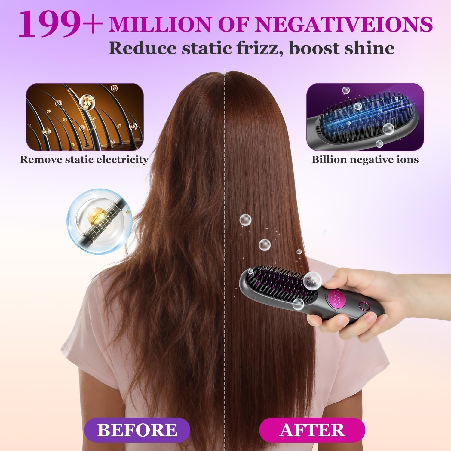 Go Brush Pro,2026 New Cordless Straight Hair Brush, Portable Scald-Proof mini Straight Hair Comb with Three Temperature Settings and LED Display Screen, Quickly Heating Travel Hair Brush (Pink)
