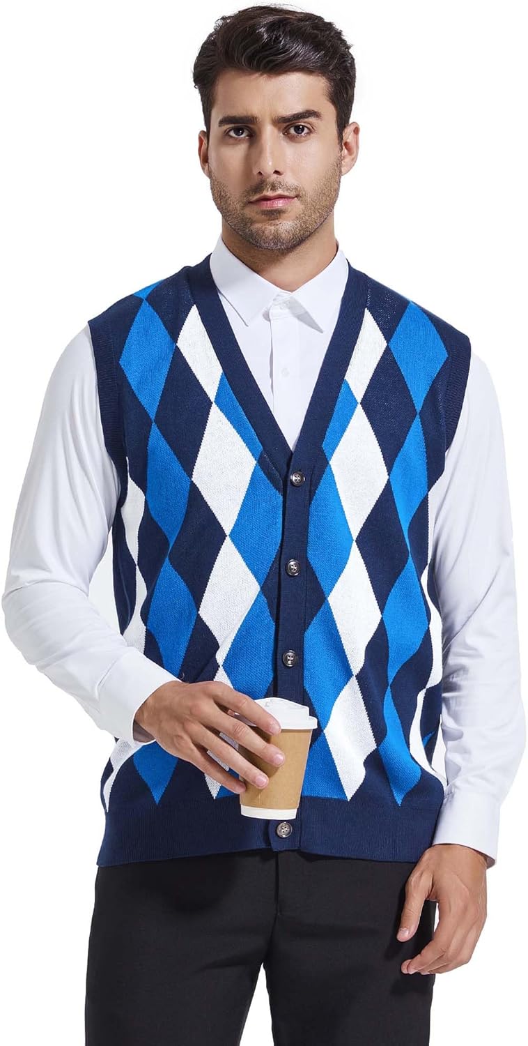 Beotyshow Mens Argyle Sweater Vests V Neck Sleeveless Cardigan Vest Knitwear - Image 2