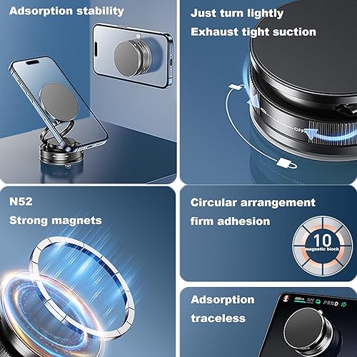 Miniatura 3 de Soporte magnético para teléfono con succión al vacío, soporte magnético ajustable de 360, para cochehogarsuperficie lisa, plegable y retráctil,