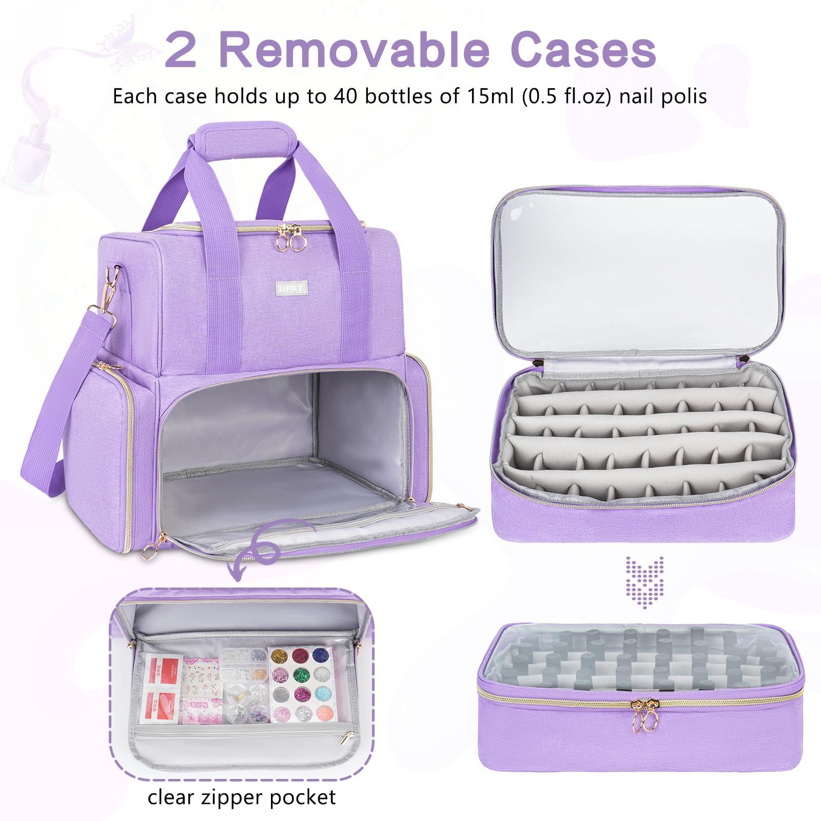 Purple Nail Organiser Case - Double Layer Carrying Bag Holds 80 Bottles - Includes Removable Bags & Nail Lamp - Image 4