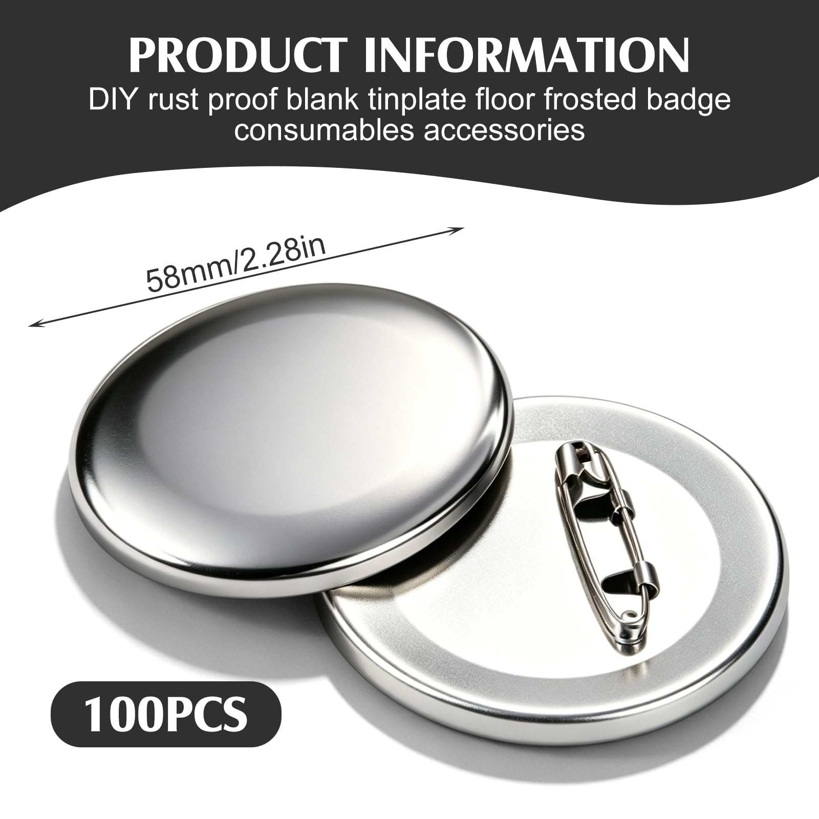 100 Sets Metal Button Blanks: 58 mm Rostschutz Blank Button Badge Parts mit Metal Shell und Transparent Film, Empty Buttons Badge, Metall Buttonrohlinge für Individuelle Abzeichen