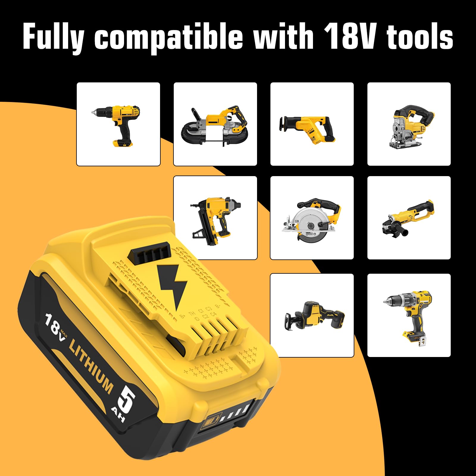 Lot de 2 Pièces DCB184 Remplacement Batterie pour Dewalt 18V 5,0 Ah, Li-ION Compatible pour DCB180 DCB181 DCB182 DCB200 DCB201 DCB204 Outils Électriques avec Indicateur LED