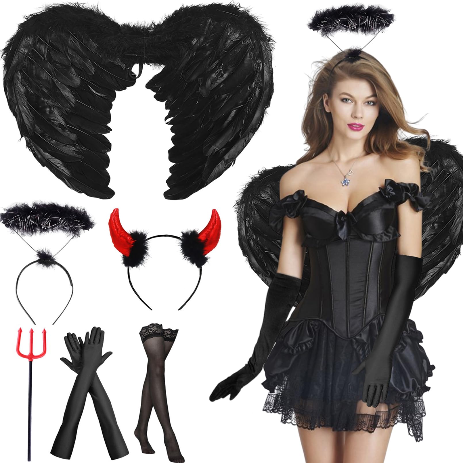 Disfraz ángel Negro Mujer JONRRYIN Disfraz Angel Mujer, Disfraz Angel Negro, Disfraz De Hada Y De Diablo, Alas De Ángel, Diadema Angel, Diadema Diablo, Corset, Medias De Rejilla Para Halloween Carnaval Cosplay
