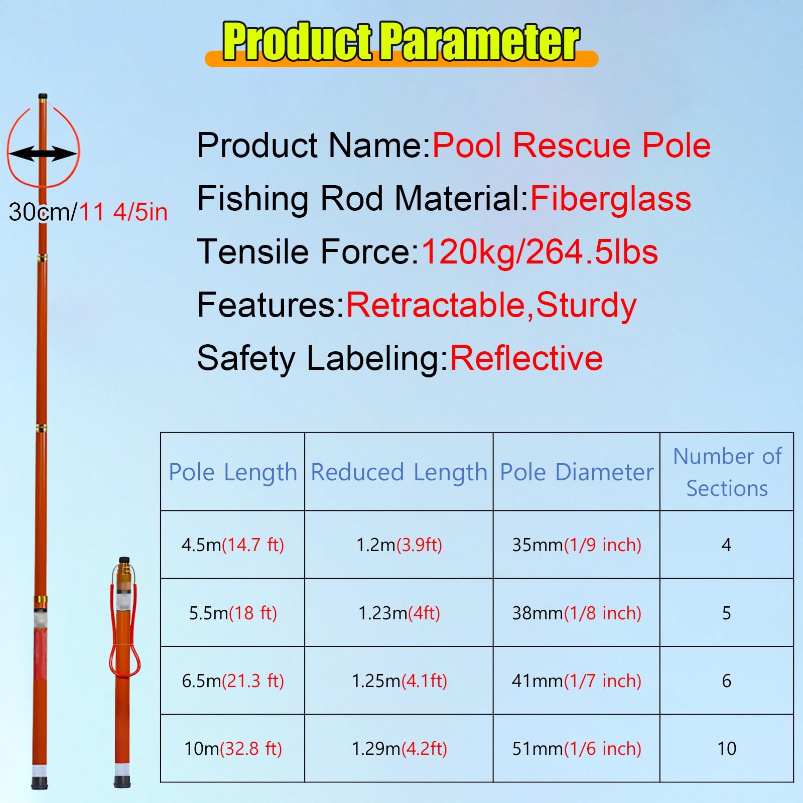 Asta di salvataggio telescopica regolabile for piscina, for parchi acquatici, barche e piscine, 1 pezzo(18ft)