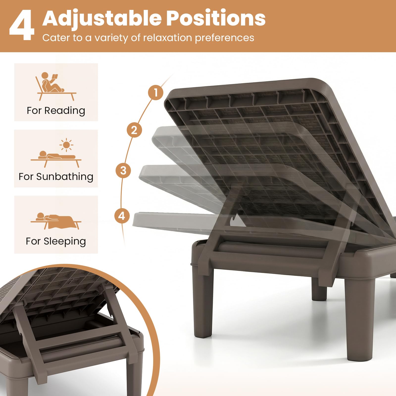 GIANTEX Sdraio Prendisole da Esterno in Plastica PP, Lettino da Giardino con Schienale Reclinabile 4 Posizioni, Resistente e Robusto, per Balcone, Terrazza, Piscina e Mare, Max 150 kg (2 Marrone)