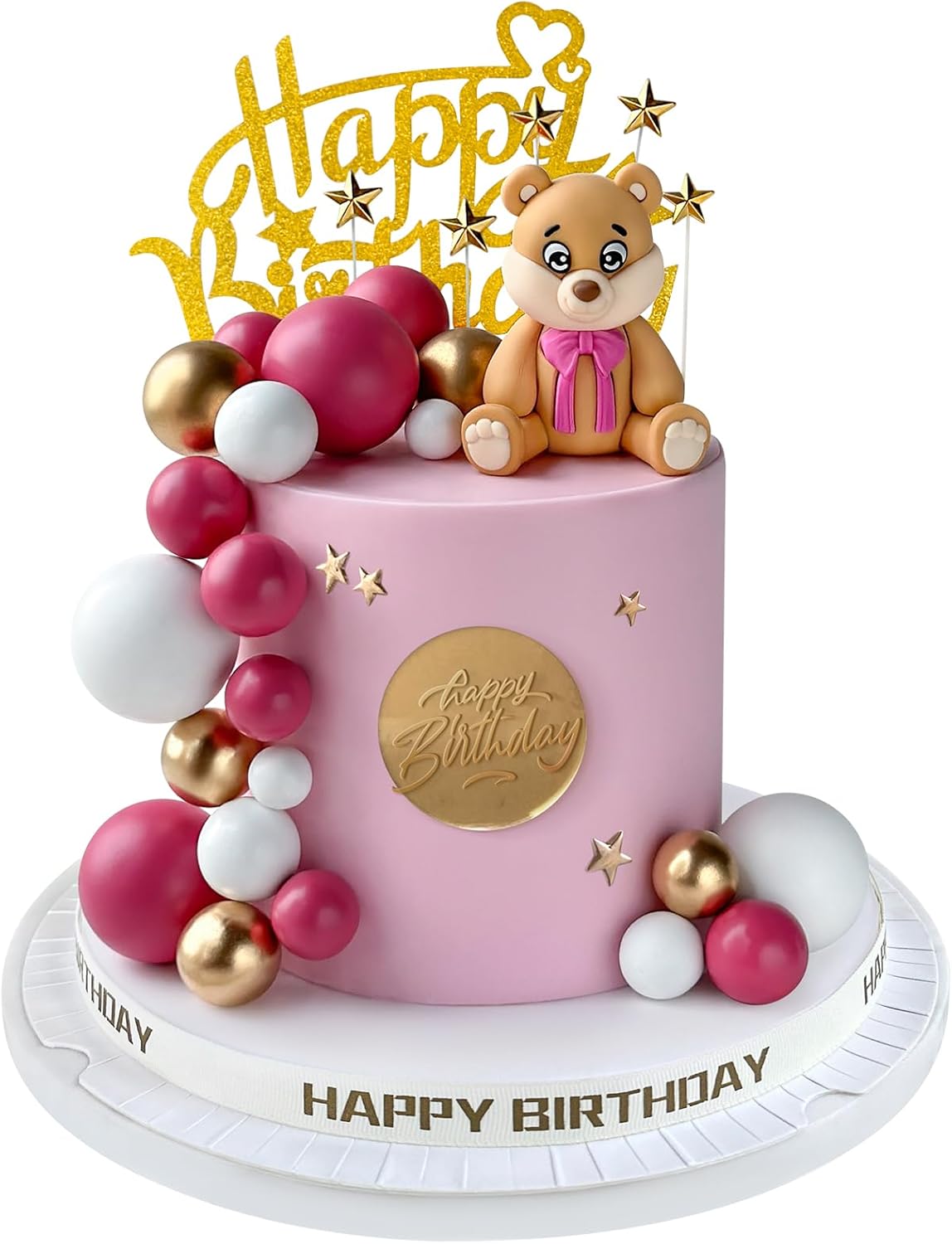 29pcs Bear Cake Topper Balls Cake Decorations with Stars Cake Toppers for Baby Shower Birthday Party Decorations (Rose Red)