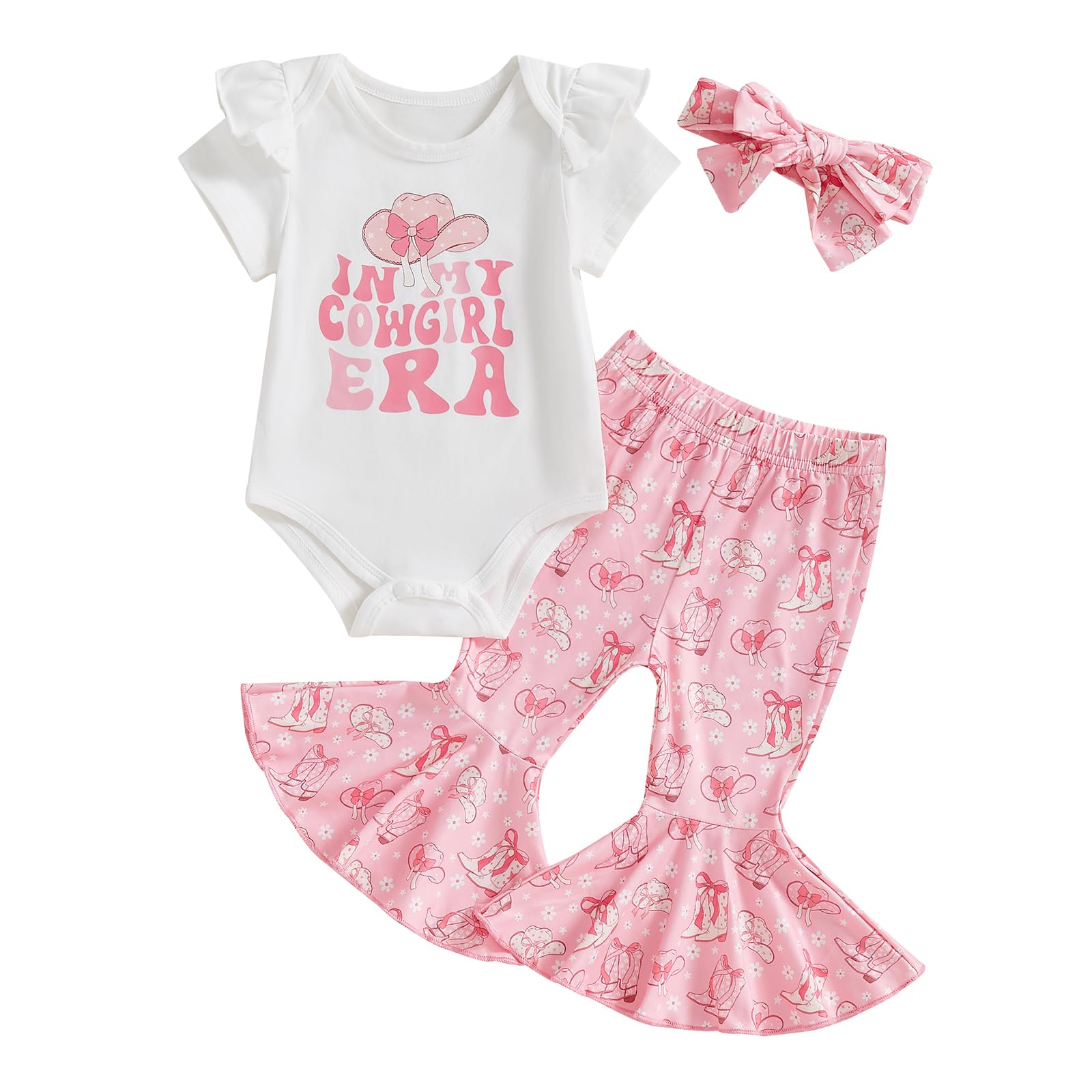 My First Rodeo Baby Girl Outfit Newborn Romper Pants Set | Infant Cowgirl Western Clothes Long Sleeve Romper Bell Bottom Pants 3Pcs Set 3-6 Months Dark Pink-summer Cowgirl