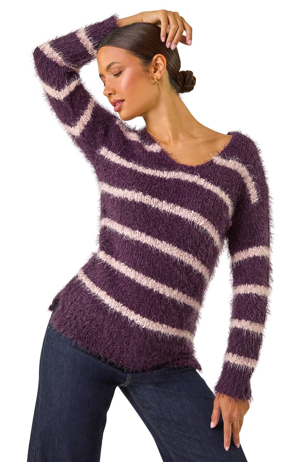 Roman Women's Plum Stripe Fluffy Knit Jumper In | : Size 14