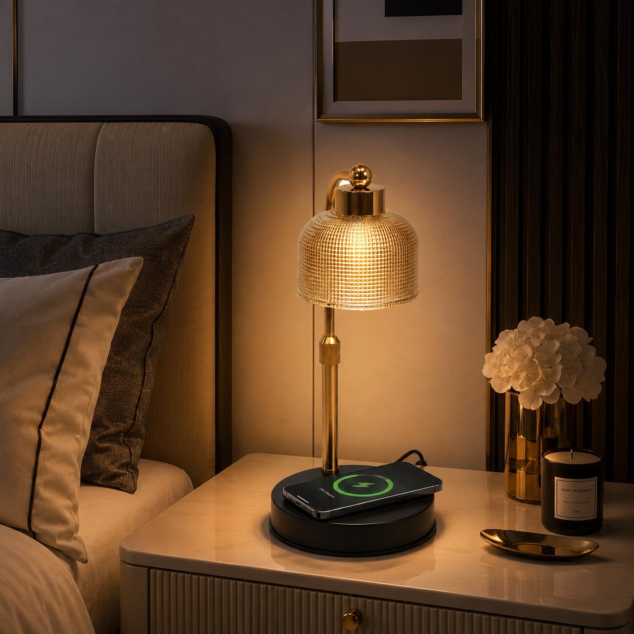 Odeon Corded Table Lamp | Wireless Mobile Charging | Amber | 3 Color Modes(Warm, Natural, Cool) | In-line Switch | Glass Shade & Metal Stand | Table Lamp for Bedroom Living Room Study-image-28
