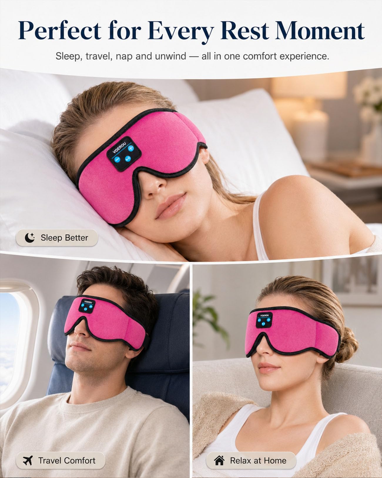 Voerou Cuffie Bluetooth per Dormire, Diadema 3D Regolabile, 12H | Vestibilità traspirante regolabile, 12h batteria, lavabile, ideale per dormire di lato