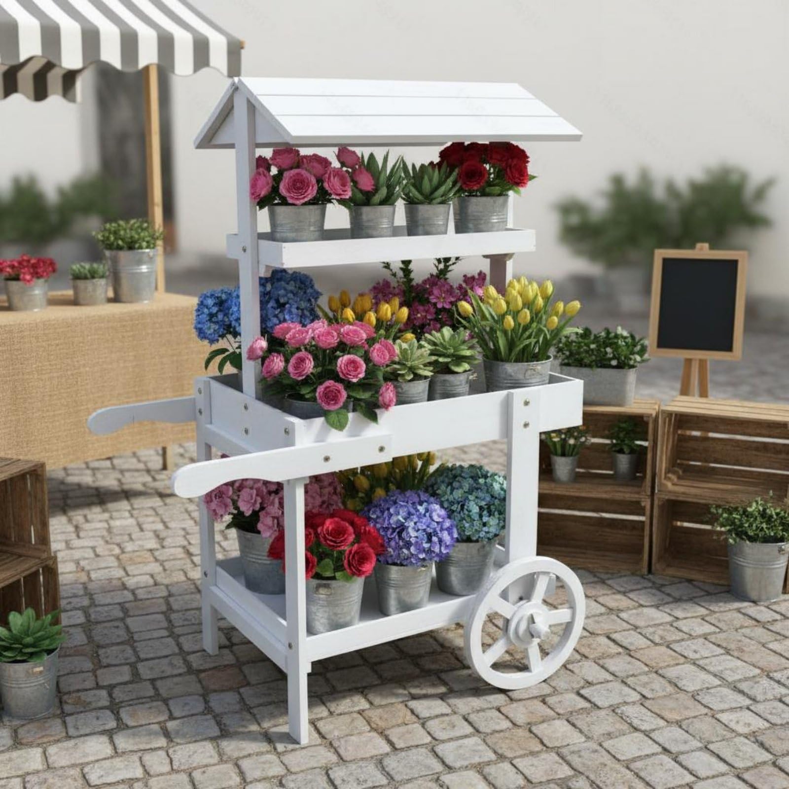 Carrello Floreale Rustico Multilivello Carretto Mercato con Ruote Robusto Banco Mercato in Legno per Fioristi, Vetrina, Negozio, 85 50 125CM, Bianco