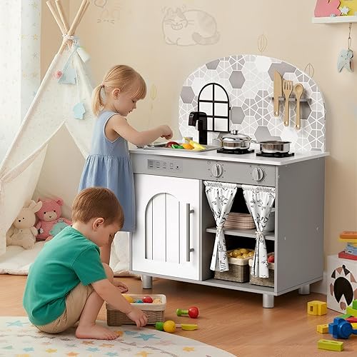 Miniatura 6 de MAMIZO Cocina de madera para niños, juego de cocina para niños pequeños con perillas de clic, juego educativo de chef para niños a partir de 3 años