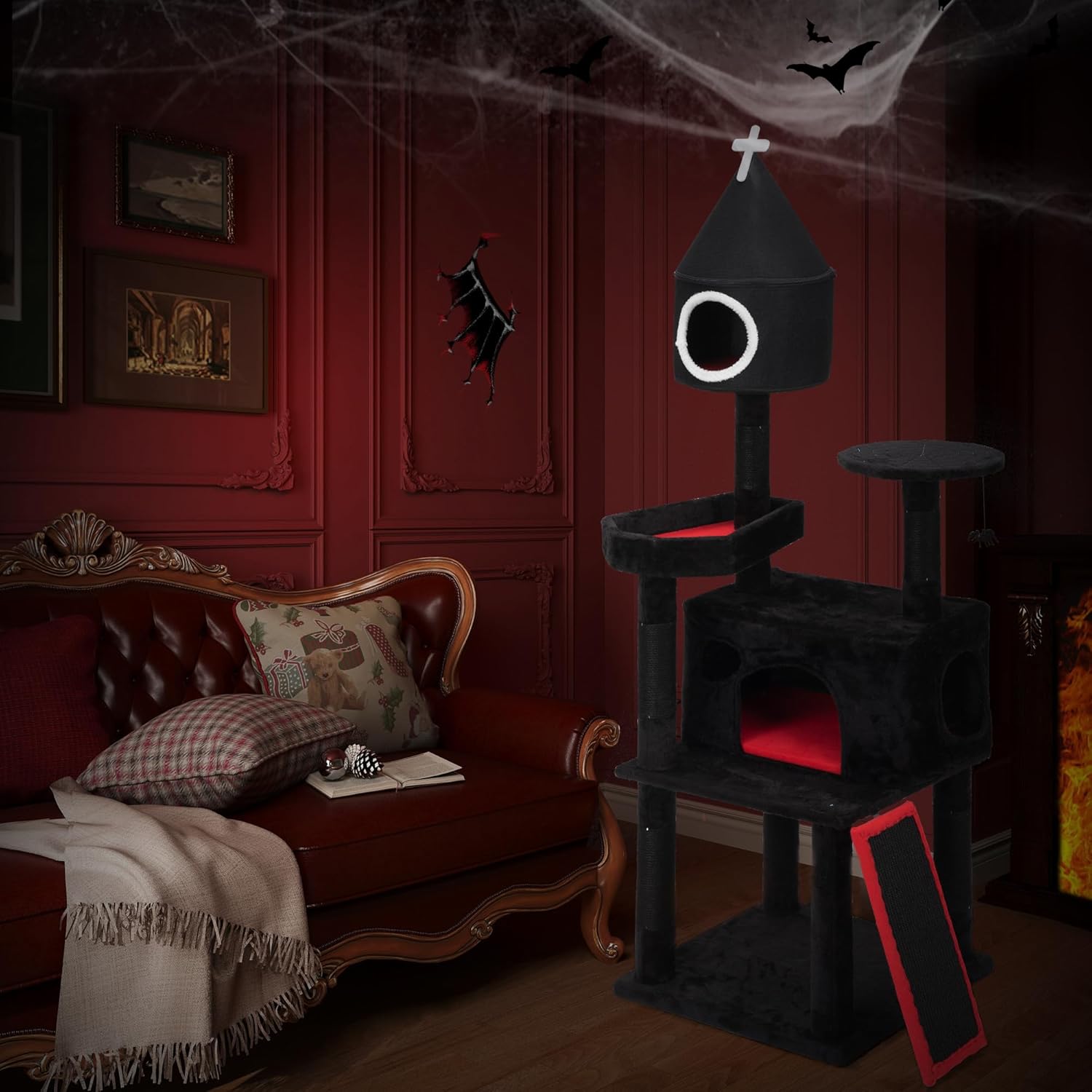 64" Gothic Cat Tree with Coffin Bed, Multi-Level Tall Black Cat Tower Cats with Top Perch, Spacious Condos, Spider Hanging Balls, Scratching Post and Ladder for Large Cats 22 lbs, Black & Red