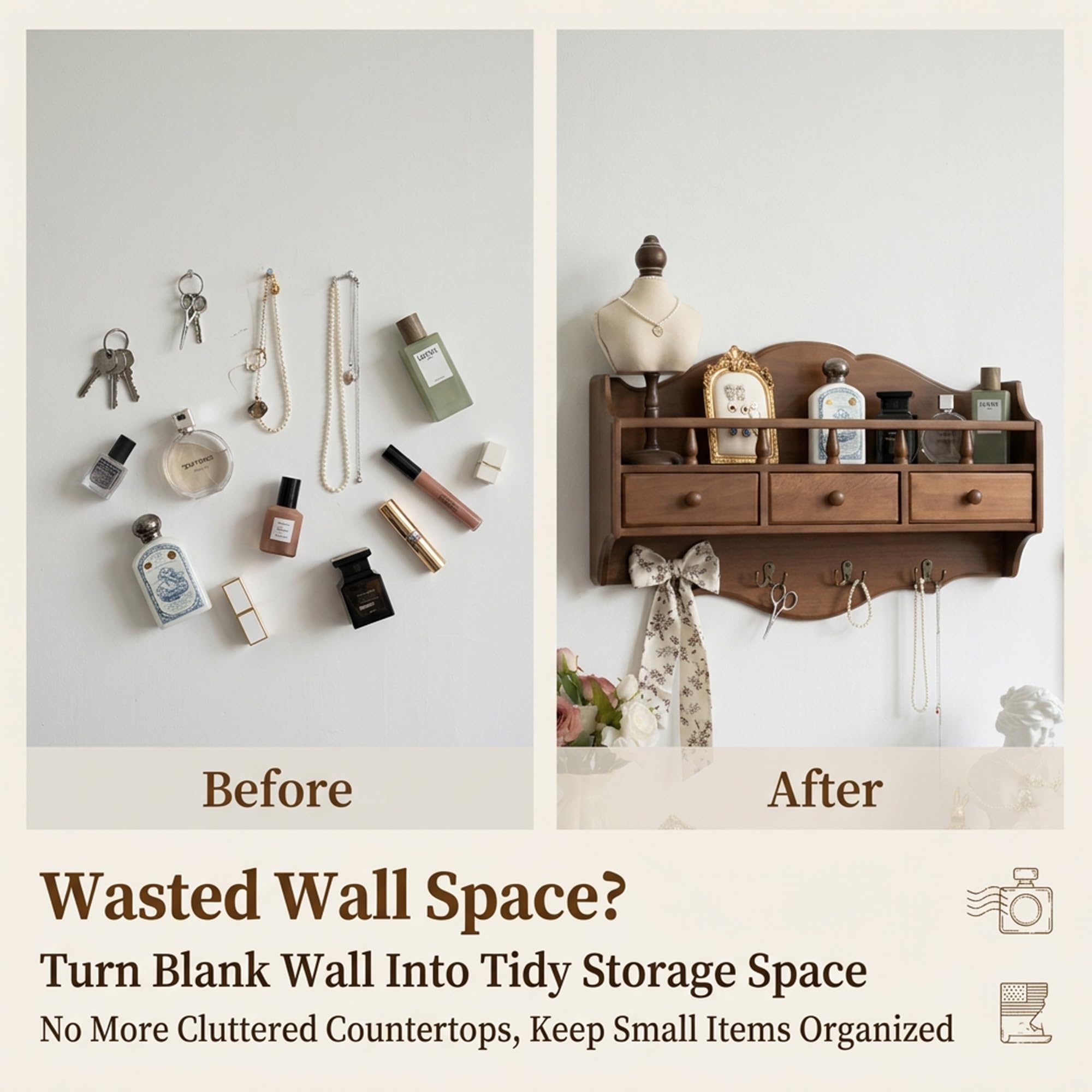 Estanteria Vintage,baldas flotantes Pared con cajones y Ganchos