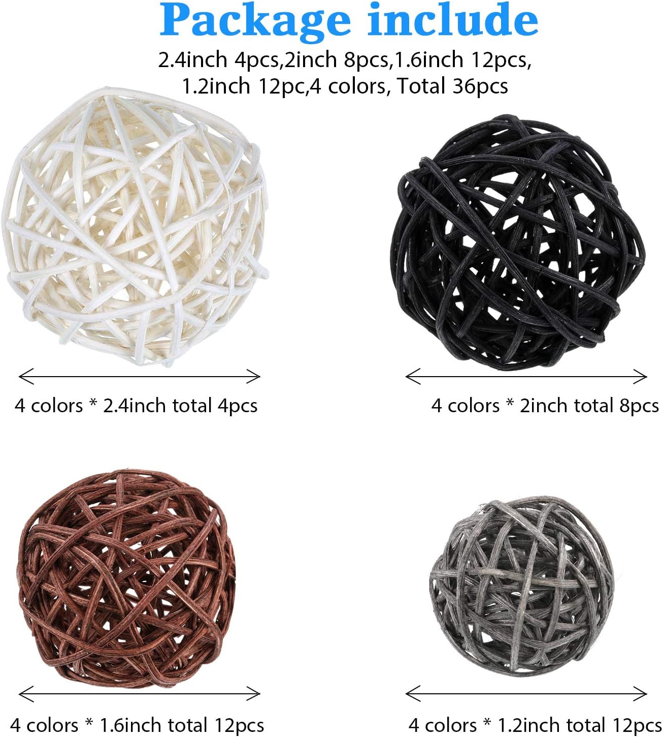 Patelai 36 Pcs Wicker Rattan Balls Decorative Balls for Vase Centerpiece Bowls Orbs Filler for Home Decor,4 Sizes(White, Dark Gray, Brown, Black) White, Dark Gray, Brown, Black 2.4'',2'',1.6'',1.2''