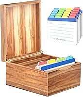 Vista 1 de Neando Organizador de tarjetas de índice de 5 x 8 con tapa, caja de almacenamiento de madera de acacia extragrande con 4 compartimentos, 20 pestañas
