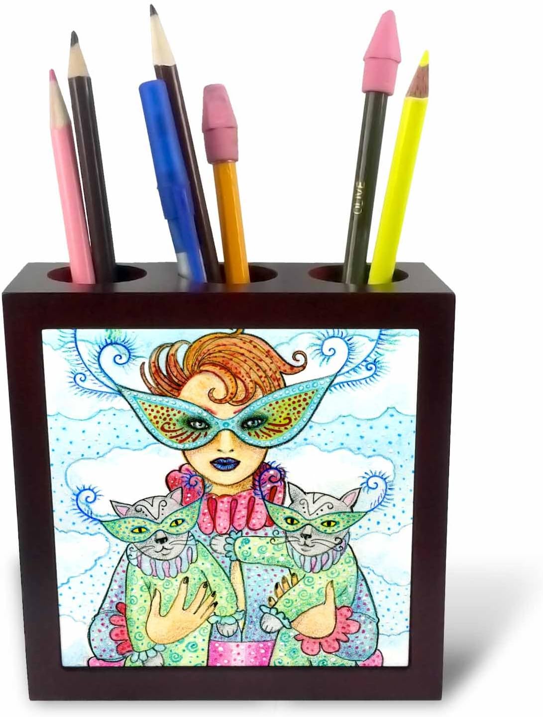 3dRose ph_23284_1 Cats Cats in Masks Cats in Costume Masquerade Party Masks Two Cats Woman in Costume-Tile Pen Holder, 5-Inch