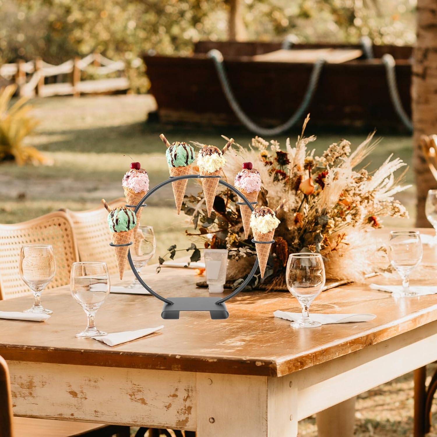 Lurrose Ice Cream Cone Display Stand Iron Art Cone Holder Kitchen Gadget Party Dessert Food Server Sushi Hand Roll Rack Black for Weddings and Buffets