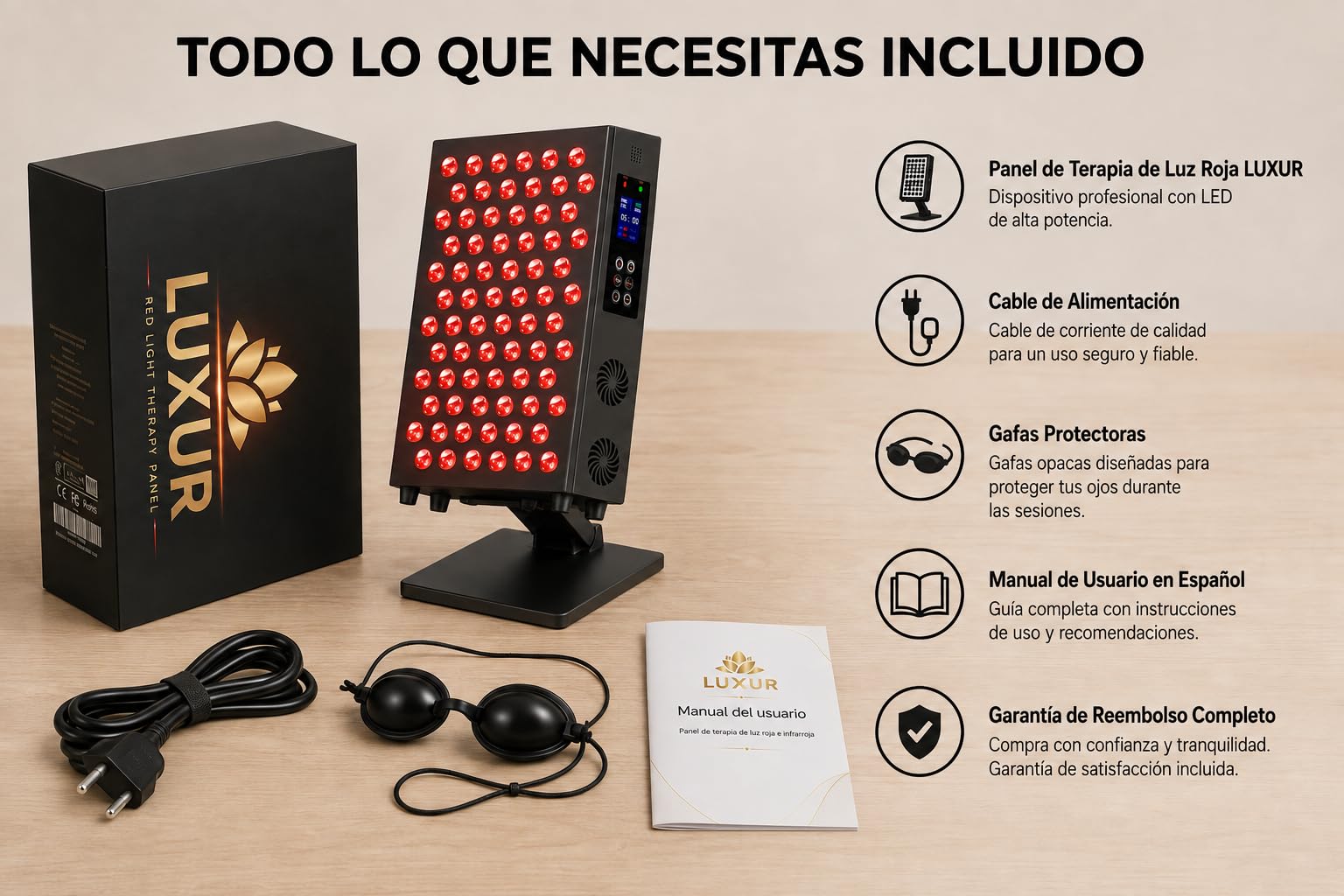 LUXUR® HELIOS S360 PRO Red Light Therapy Panel | Panel światła czerwonego i na podczerwień do terapii, 72 diody LED, 610/630/660 nm + 810/830/850 nm, 150-160 mW/cm², 120 W, 3 tryby, timer 5-60 min