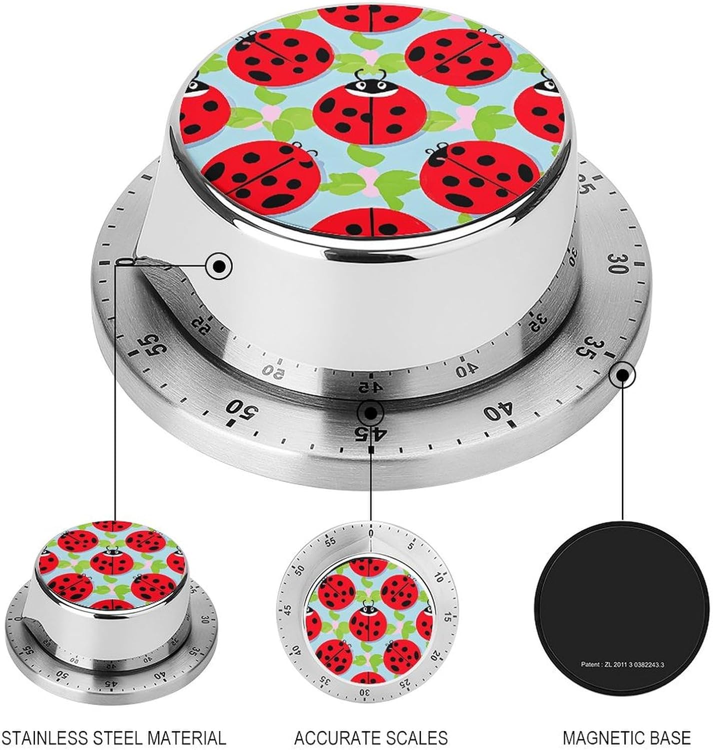 Red Ladybug Pattern Timer Stainless Steel Kitchen Timers Waterproof & Rust-Proof 60 Minute Mechanical Timer with Loud Alarm for Cooking, Baking, Fitness