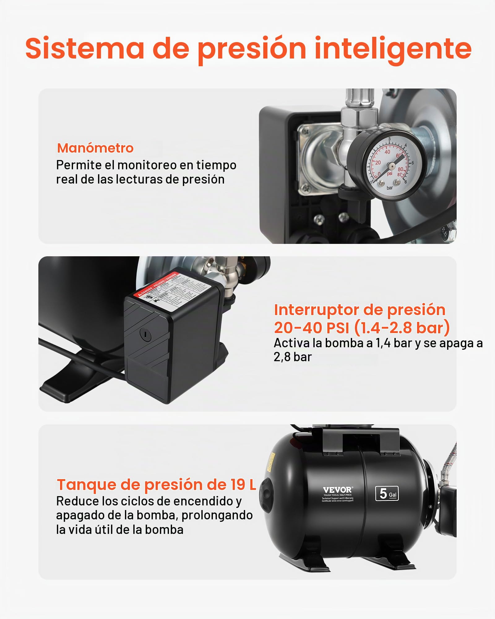 VEVOR Bomba para Pozos Poco Profundos 1 HP, Bomba de Agua de Trasvase 3785 LPH, con Tanque de Presión 19 L, Filtro, Válvula de Retención, Sistema Automático de Presurización, para Jardín, Césped