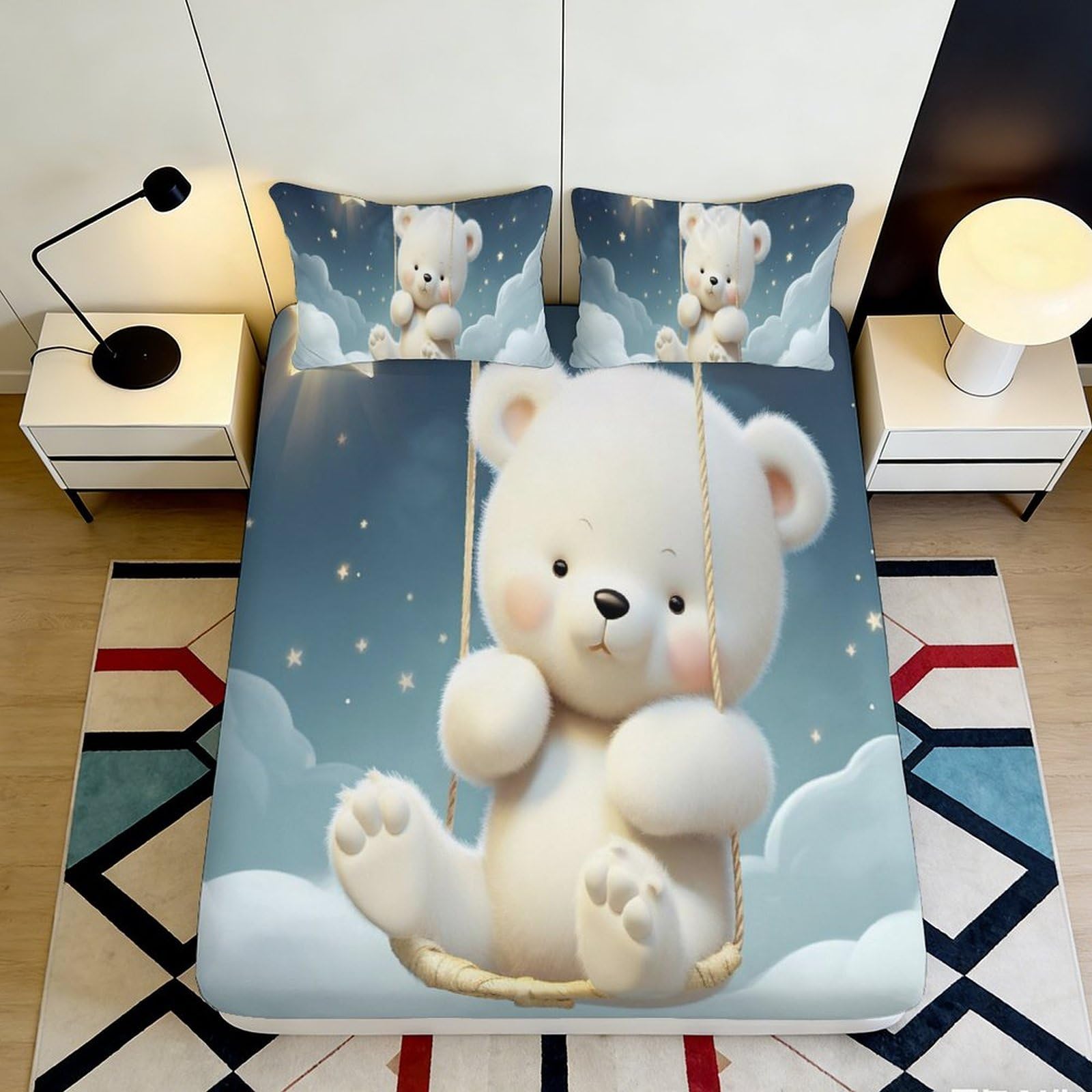 3D Printed Cute Bear Fitted Sheet Microfiber Soft Breathable Starry Sky Mattress Cover for Bedroom Dormitory Guest Room Mattress Protection Decor 160x200x25cm