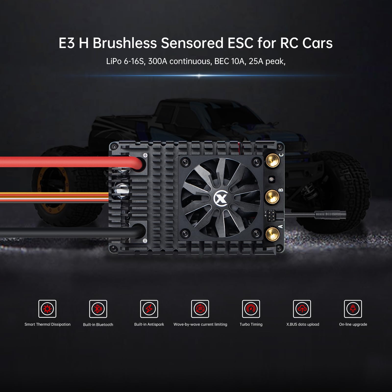 XC Controlador de motor eléctrico sin escobillas con sensor E3H para coche RC, 6-16S Lipo, corriente continua de 300 A, 10-25 A, 6.0/7.4/8.4 V BEC, aplicable a 1/5, 1/7, 1/8, 1/10, compatible con