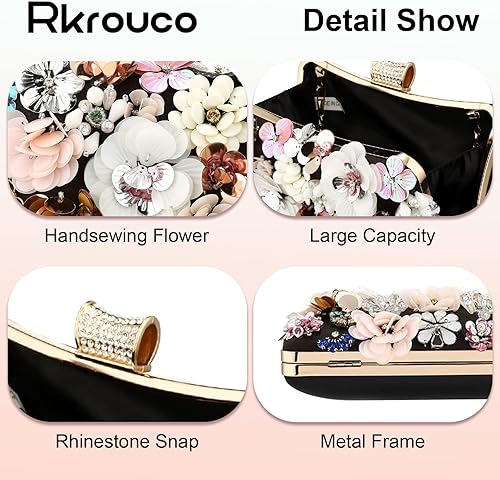 Miniatura 6 de Bolso de mano de noche floral para mujer - Bolso de flores coloridas con diamantes de imitación de metal