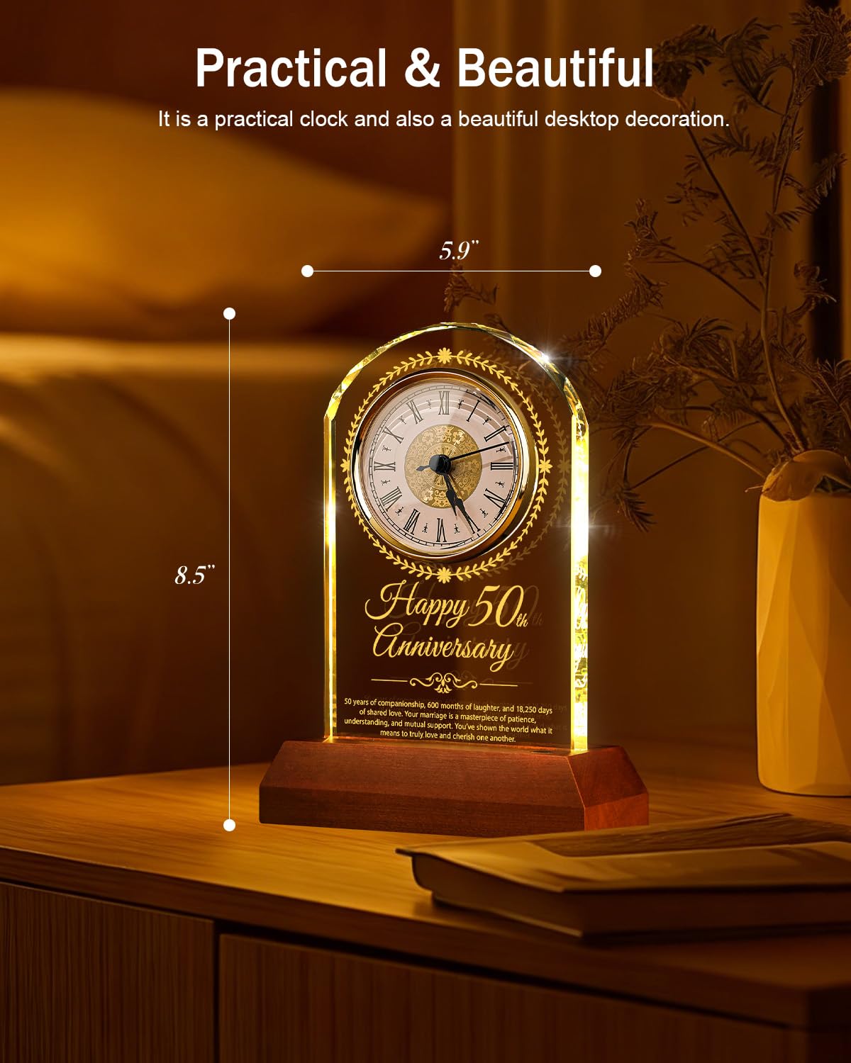 Quarzuhr zum 50. Hochzeitstag, Kristall-Quarzuhr mit Holz-Lichtsockel, Geschenk zum 50. Hochzeitstag, Dekoration für Eltern, Großeltern, Paare
