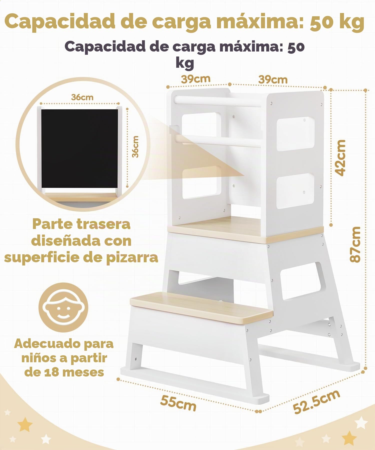 Yorbay Torre de aprendizaje para niños a partir de 1 año: elegante Torre de aprendizaje con pizarra, sólida Montessori Torre de aprendizaje para niños, con 2 niveles y barra de seguridad, para cocina