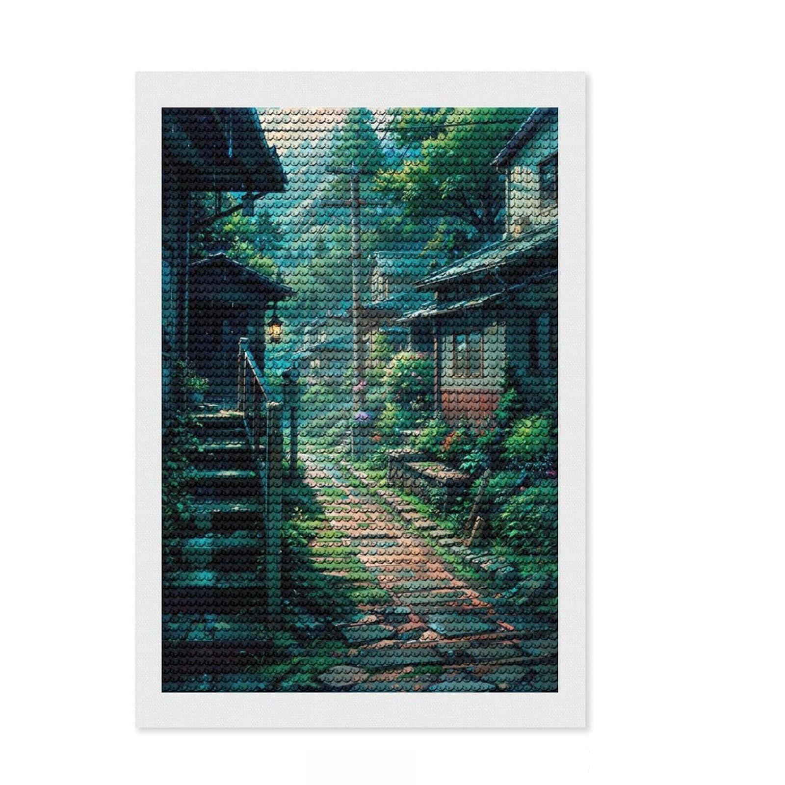 Junmoney Rainy Street Round Drill Diamond Painting 8"x12", Sparkling Round Gems, Creative Leisure Activity, Home Wall Decor