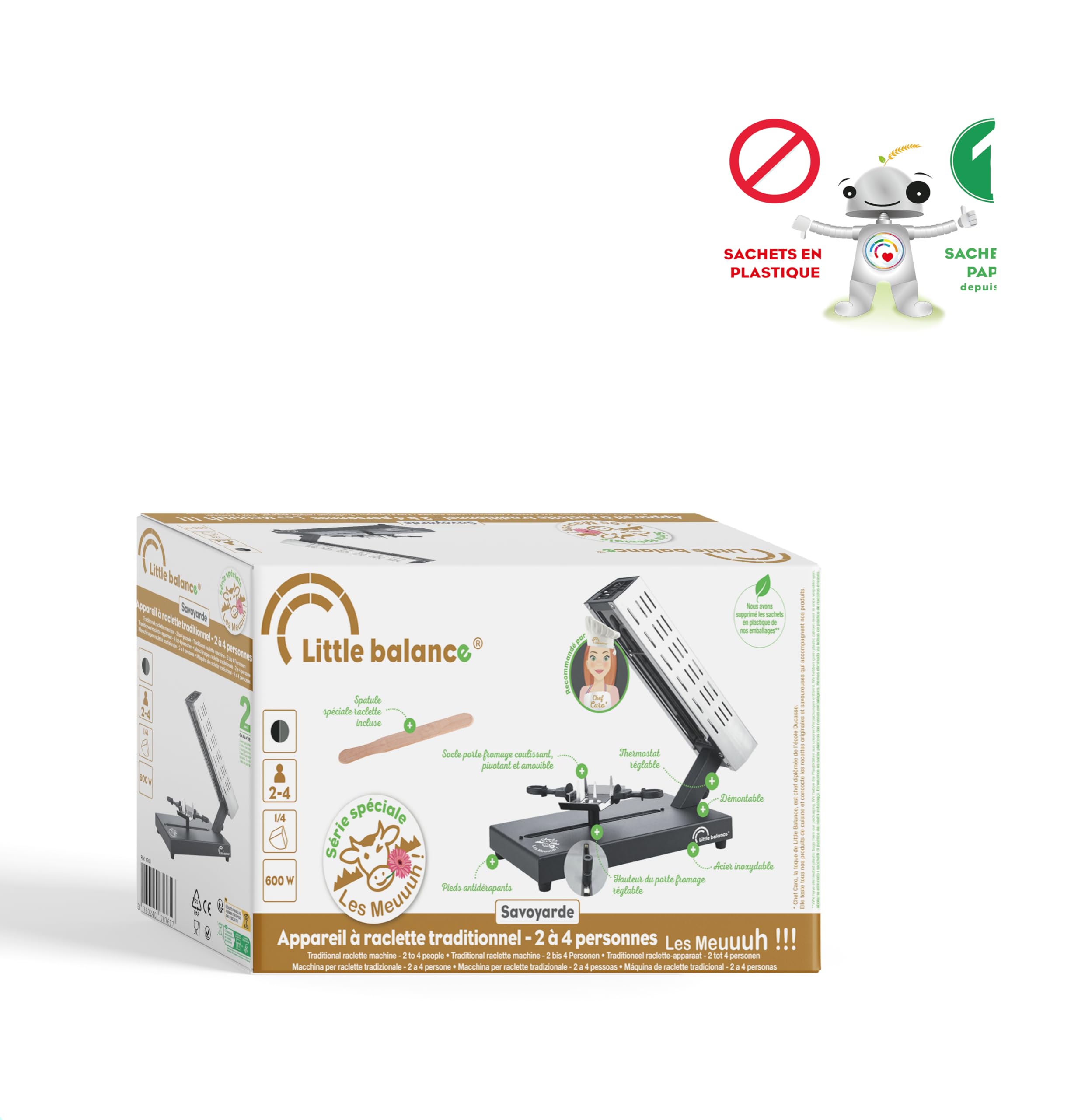 LITTLE BALANCE 8761 Savoyarde 1/4 muela Meuuuh…!, Rasqueta tradicional cuarto de muela, 4 personas, Portaqueso deslizante, Sin PFAS, antiadherente, 600 W, acero inoxidable/negro