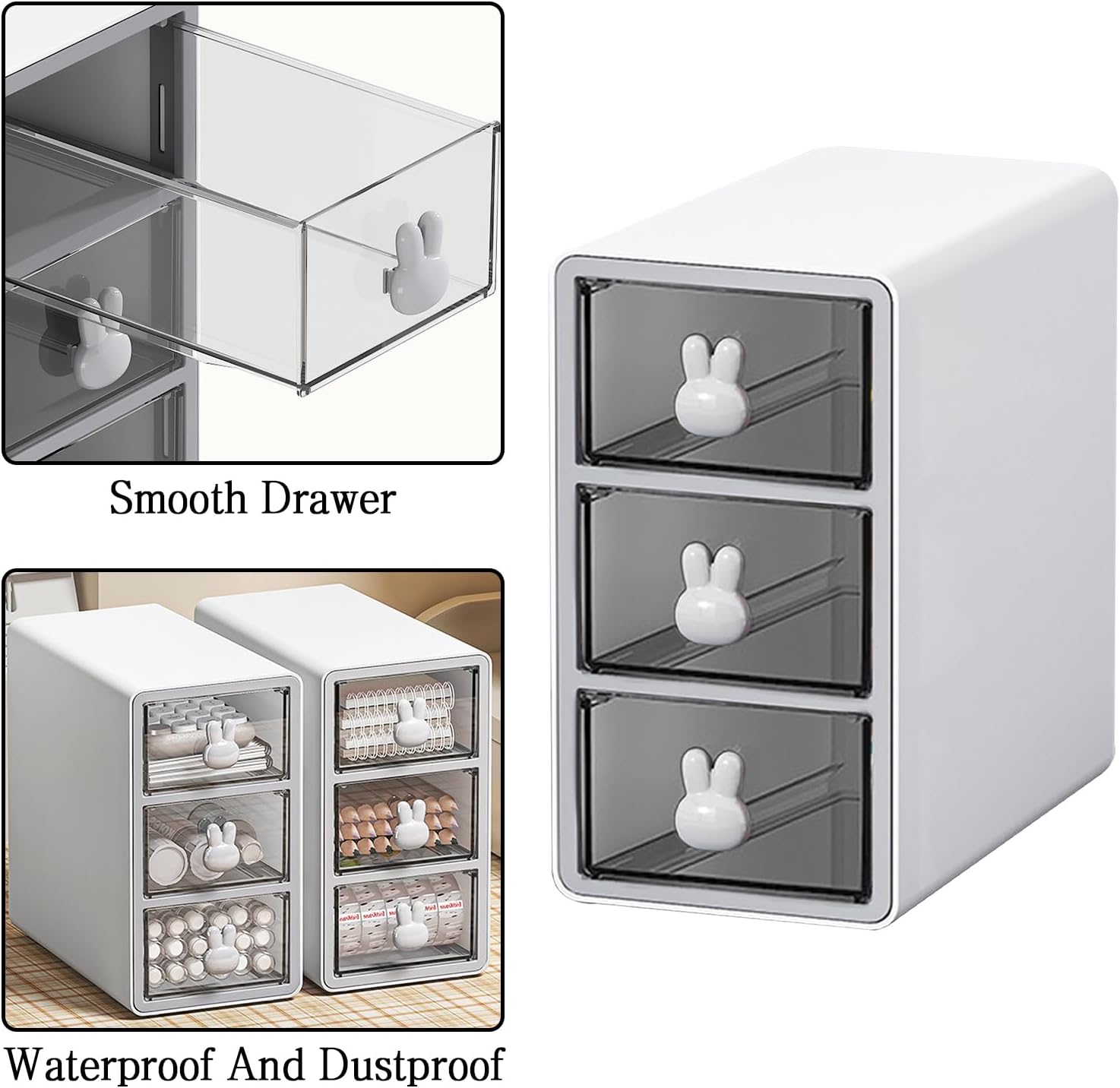 Stackable Desktop Storage Box with 3 Drawers, Transparent Multilayer Cosmetic Storage Box Desk Storage Box, Suitable for Office Desk Cosmetics (White)