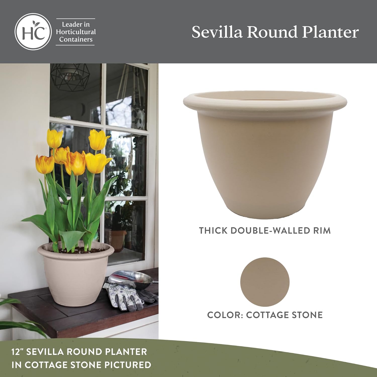 The HC Companies Sevilla Flower Planters - Durable Outdoor & Indoor Planter - Round Lightweight Self Watering Plant Pots for Herbs & More (16" Cottage Stone, Pack of 1)