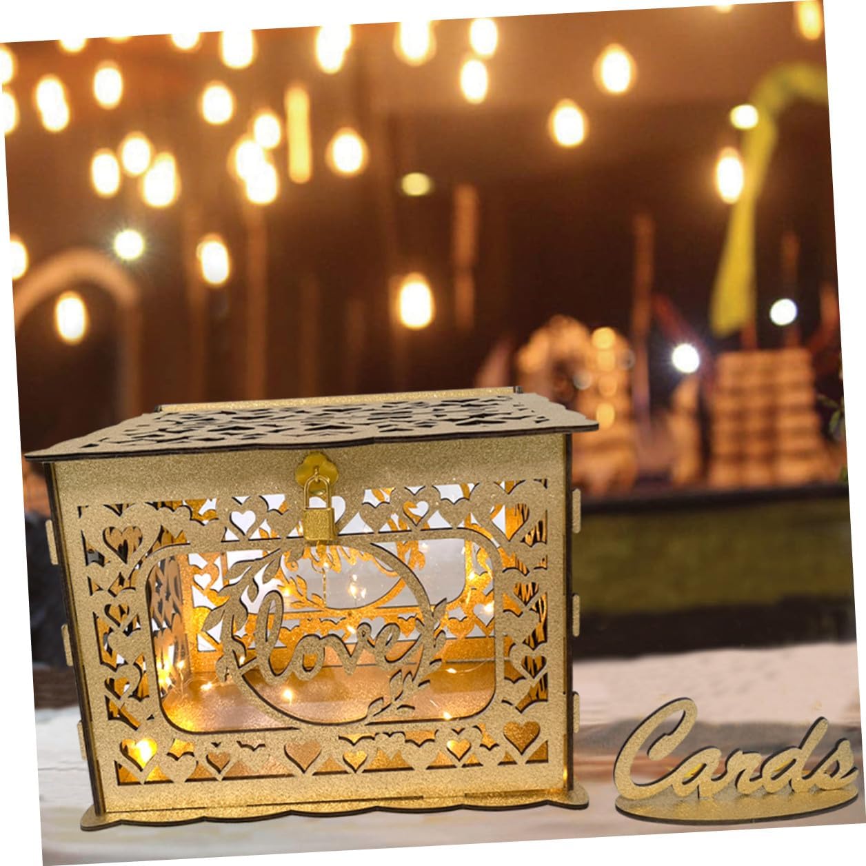Wooden Hollow Wedding Card Box with Lock, Glitter Decorative Envelope and Greeting Cards Holder for Reception and Party Events