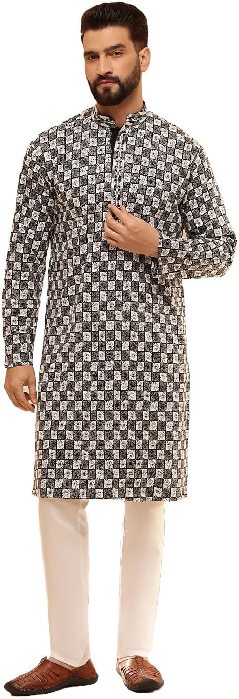 Sojanya (Since 1958 Men'S Cotton Rayon Embroidered Sequinned Kurta With White Pyjama