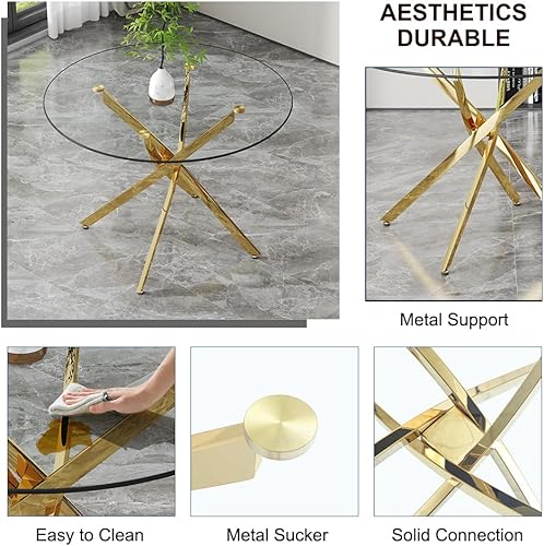 Miniatura 32 de Mesa redonda de comedor de vidrio para 2 a 4, moderna mesa superior de vidrio templado, patas cromadas resistentes, almohadillas ajustables, mesa de