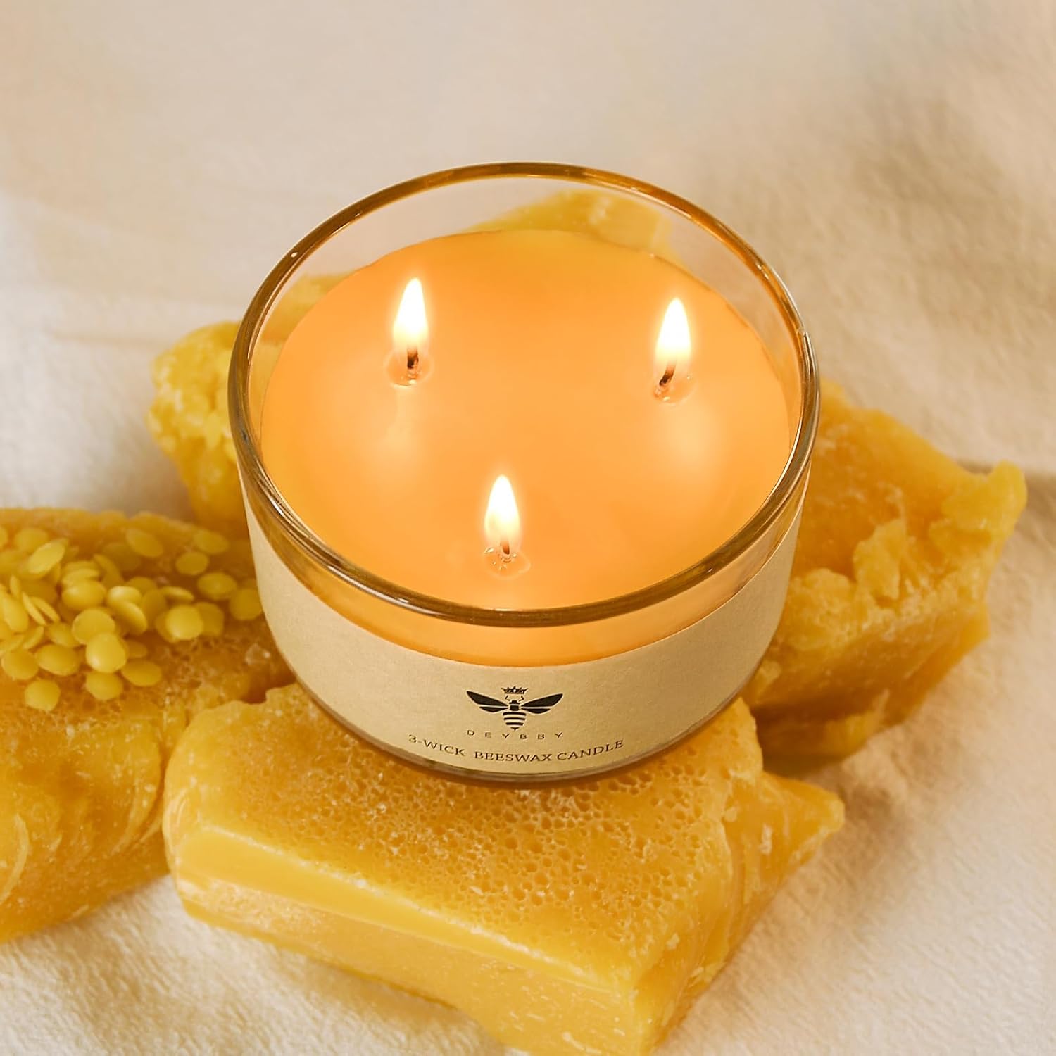 DEYBBY 3 Wick Pure Beeswax Jar Candle,15-18 Hrs,Unscented Bees Wax Candles
