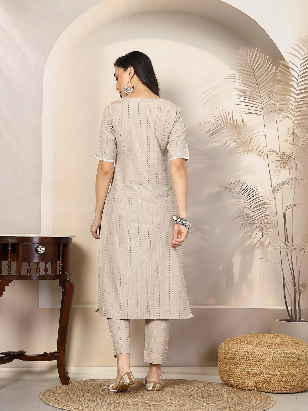 Stylum Women's Self Woven Striped Cotton Blend Straight Kurta Pant Set