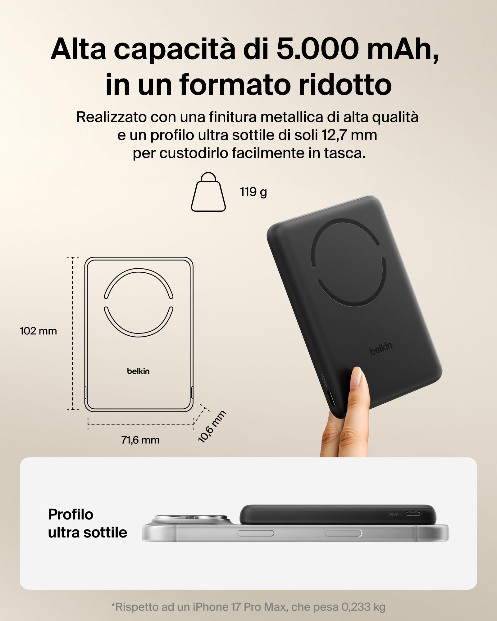 Belkin BoostCharge Power Bank Magnetico 5000mAh, Anello Magnetico - Nero | Caricatore Portatile 5000mAh Wireless, Certificato Qi2, Anello Magnetico per Aggancio, 1 USB-C, Pre-Caricato, Cavo Incluso