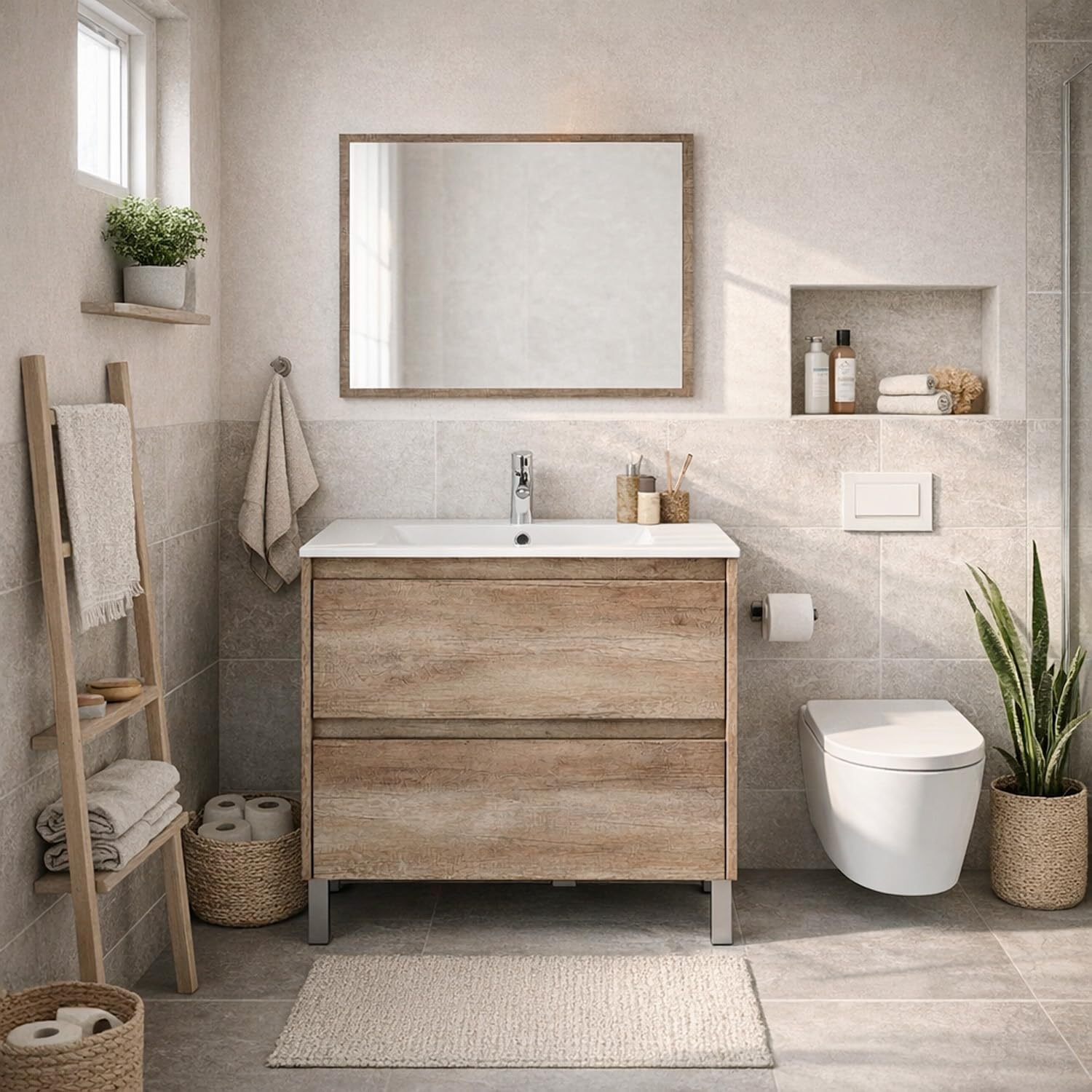 Bricozone Mobile Bagno Con Lavabo In Ceramica E Specchio 80 Cm Colore Quercia Con 2 Cassettoni Chiusura Ammortizzata Arredo Bagno Moderno 80 x 45 x 80 Cm