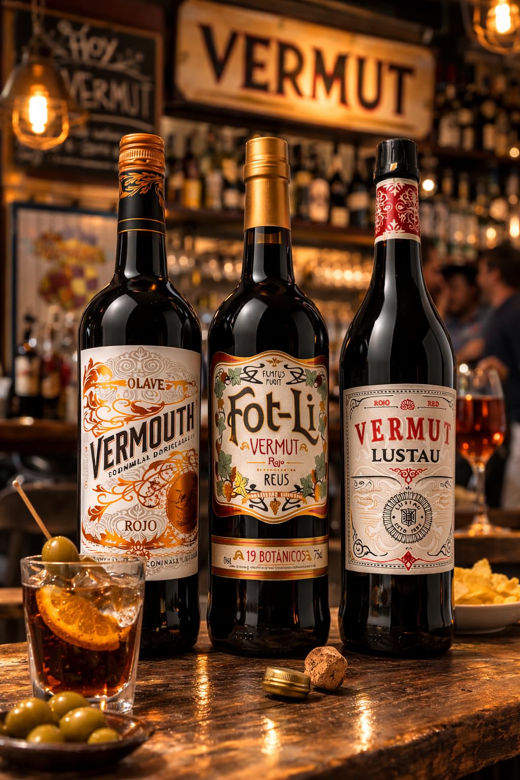 Pack Degustación 3 Vermuts Premium (Olave, Fot-Li Reus y Lustau) 75cl + Caja de Madera Regalo | Selección Vermut Rojo Gourmet