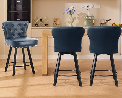 Miniatura 10 de Taburetes de bar de altura de mostrador, taburetes retro para cocina, taburete de bar giratorio con base de metal ajustable, taburete de cuero Negro