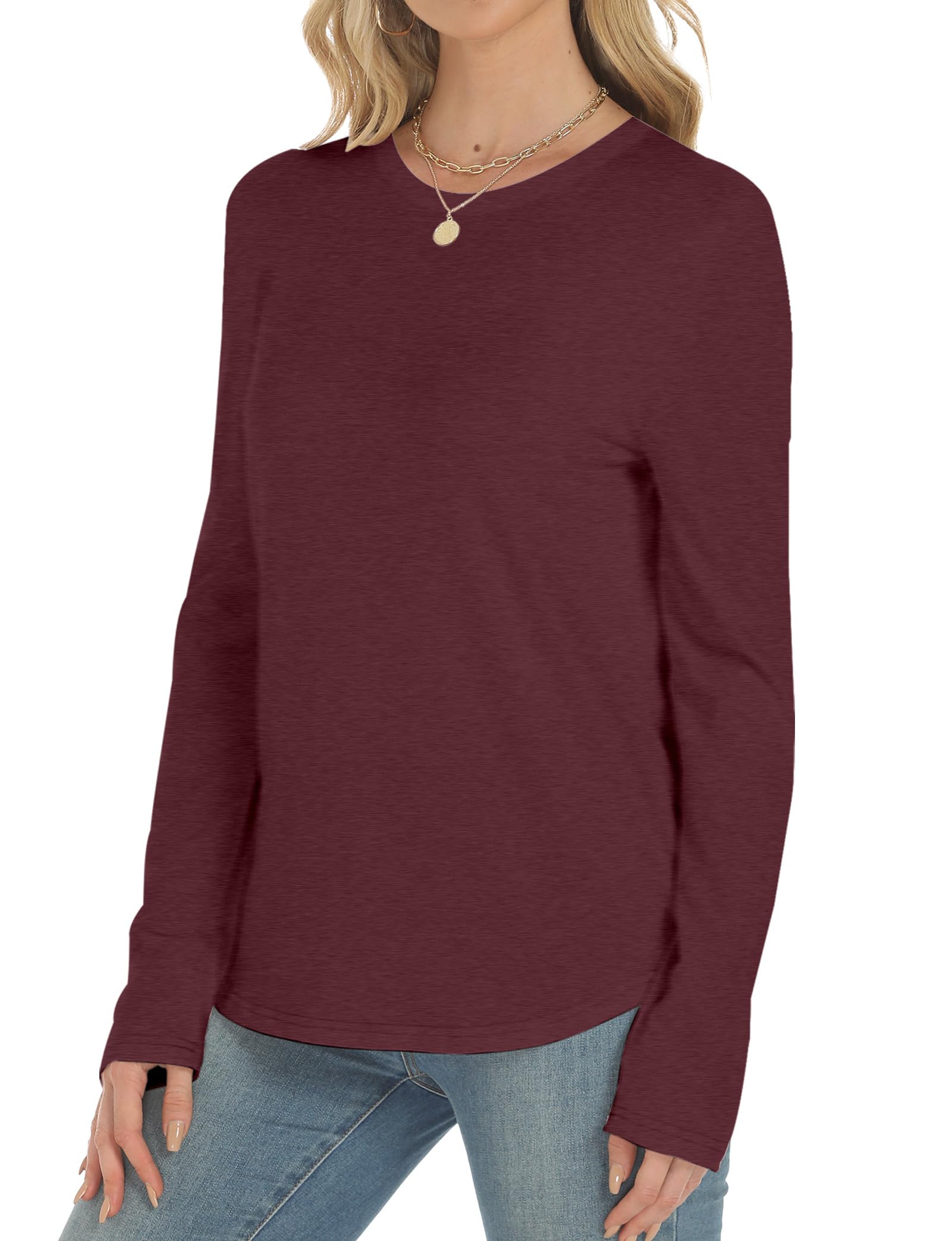 candyfouseLong Sleeve Shirts for Women Crew Neck Basic Tee Fashion Womens Tops Wine Red