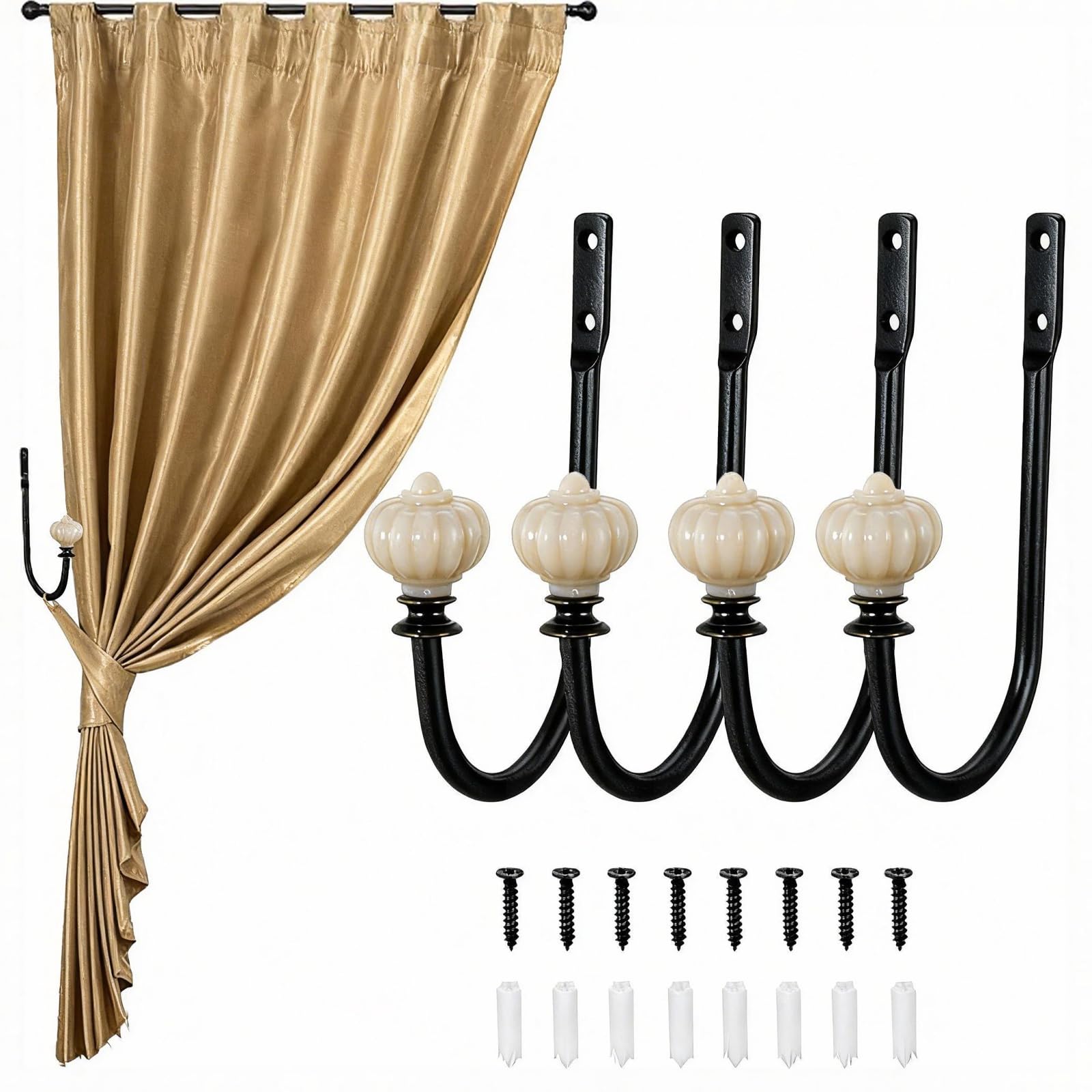 Acquwistach Curtain Holdbacks,4 Pcs Curtain Tieback Hooks, Tiebacks Metal With Acrylic Pumpkin Decoration, Wall Mounted Window, Drapery Holdbacks for Fixed Curtain or Hanging Items(Black)