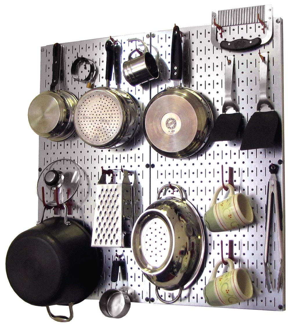 Wall Control Kitchen Pegboard Organizer Pots and Pans Storage Rack and Organization Kit with Metallic Silver Pegboard and Red Accessories