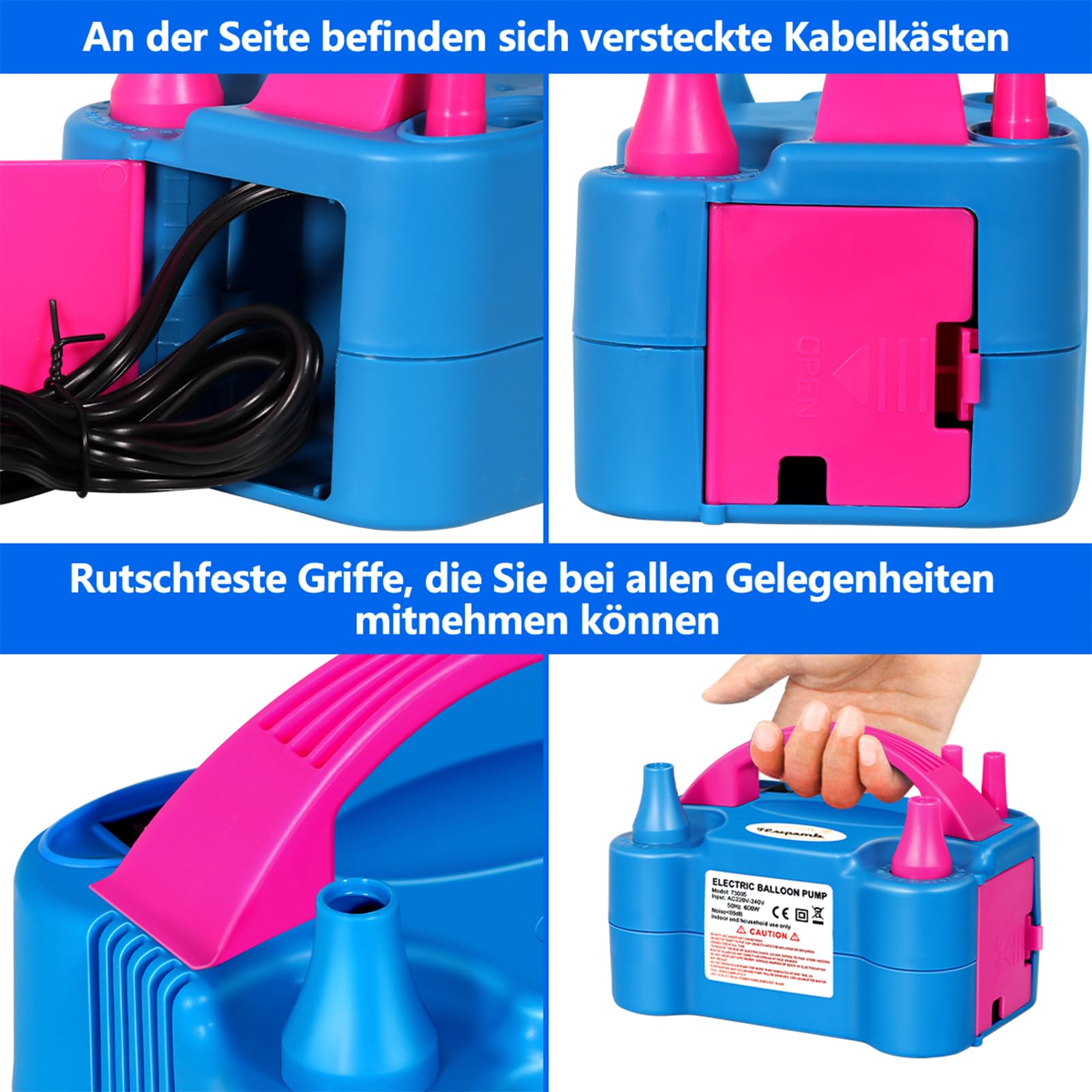 FLSEPAMB 600W Gonfia Palloncini Elettrico,Intelligente 2 Modalità Pompa per Palloncini Elettrica Portatile,Ugello 2+2 Pompetta per Palloncini per Feste, Matrimoni, Campeggio all'Aperto