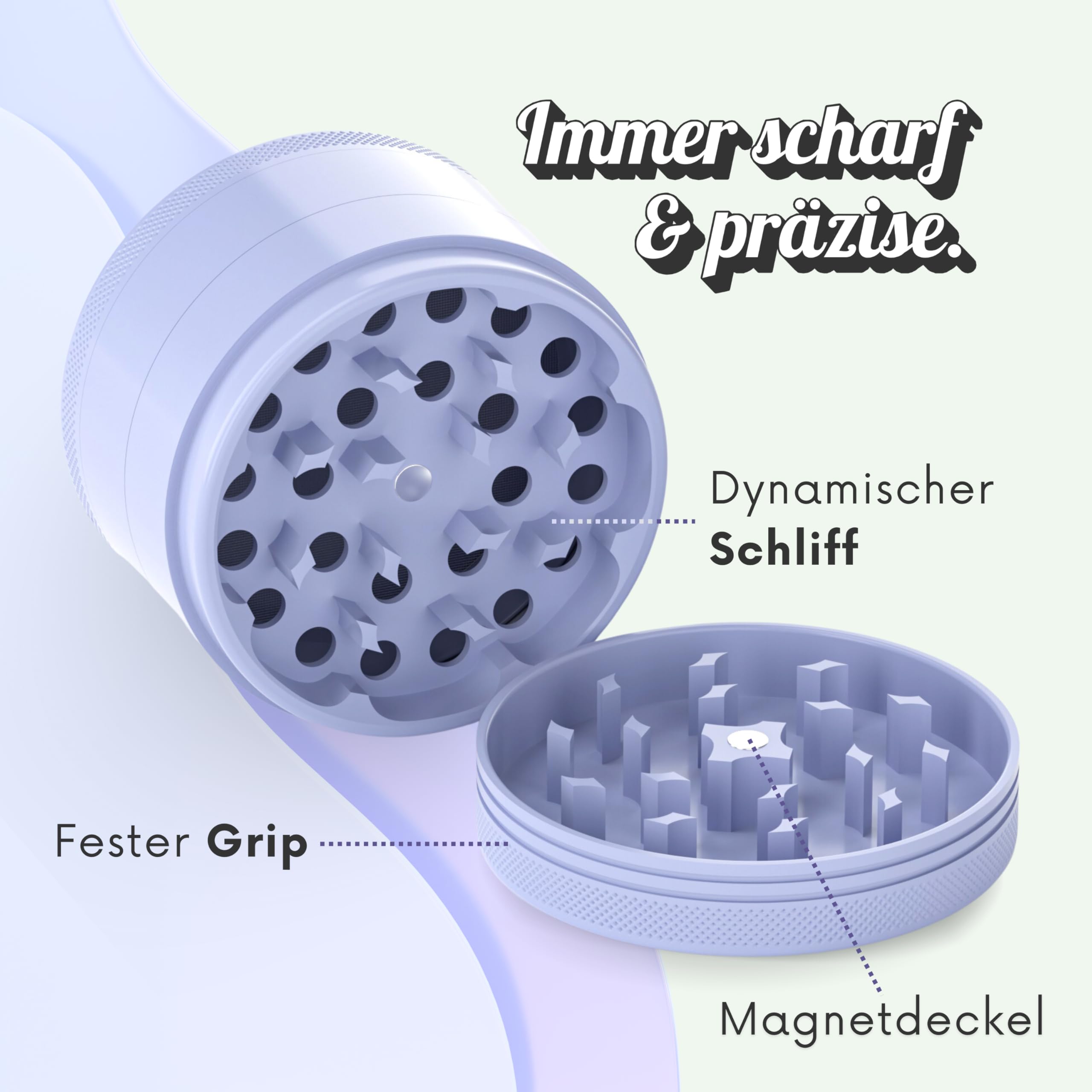 Green Genie - Premium Keramik Grinder - Lila - ⌀63mm groß - Keramik beschichtet - inkl. Glasmundstück, Pinsel. Pollenschaber und hochwertiger Tragetasche